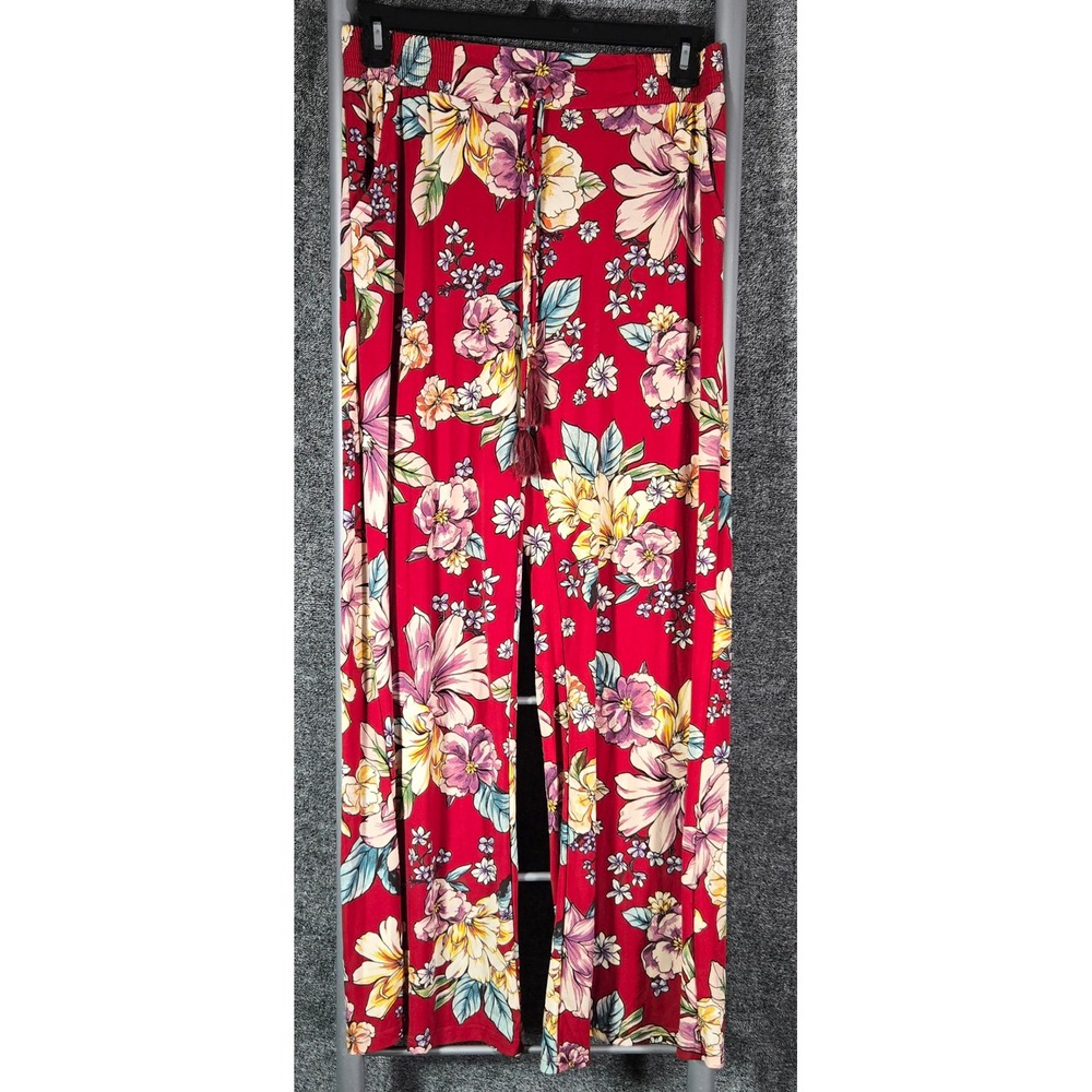 Lildy Red Floral Tassel Tie Palazzo Pants Womens L-XL Wide Leg Elastic Waist